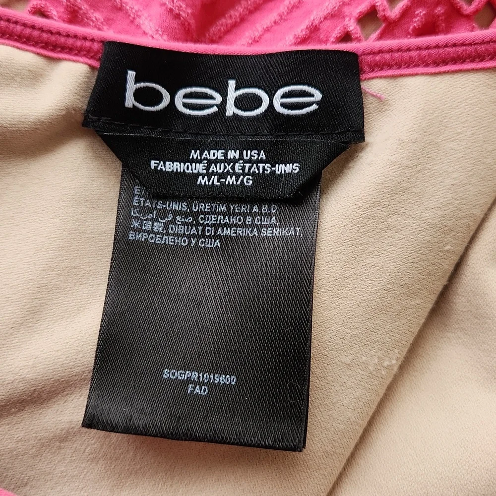 Bebe Lace Overlay Fitted Long Sleeve Dress Pink Cream M L - Picture 6 of 15